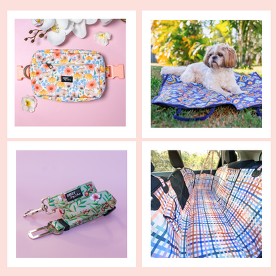 Photos of a slection of dog accessories: bum bags , trolley mats, car seatbelts and car seat covers 