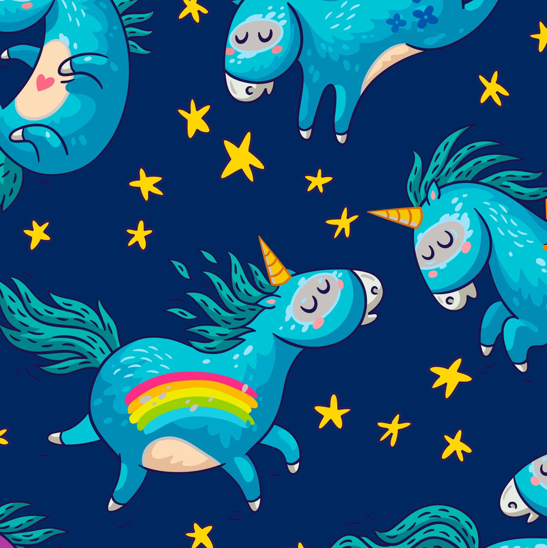 Playful blue unicorns with rainbows on their sides and yellow stars scattered on a dark blue background, creating a whimsical and magical design