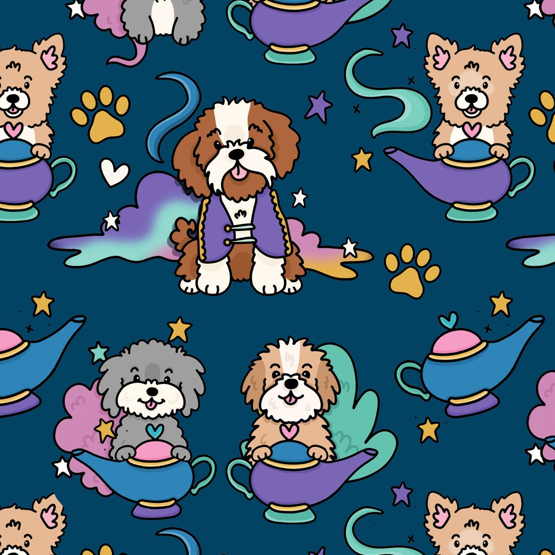 Cartoon dogs on magic carpets with genie lamps, stars, and paw prints on blue. used on dog collars and harnesses