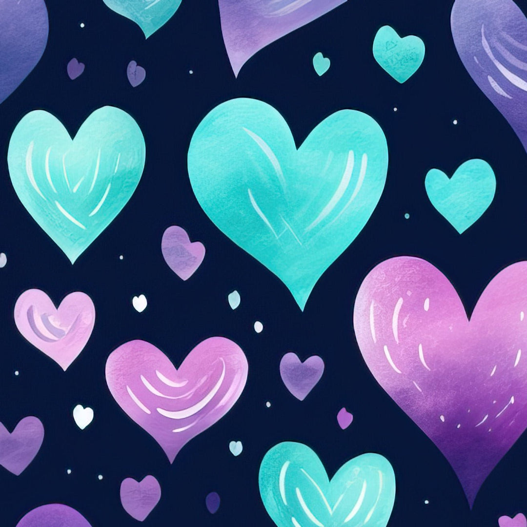 Vibrant teal and purple hearts pattern on a deep navy background, with large and small hearts scattered across the design, creating a playful and dreamy look.