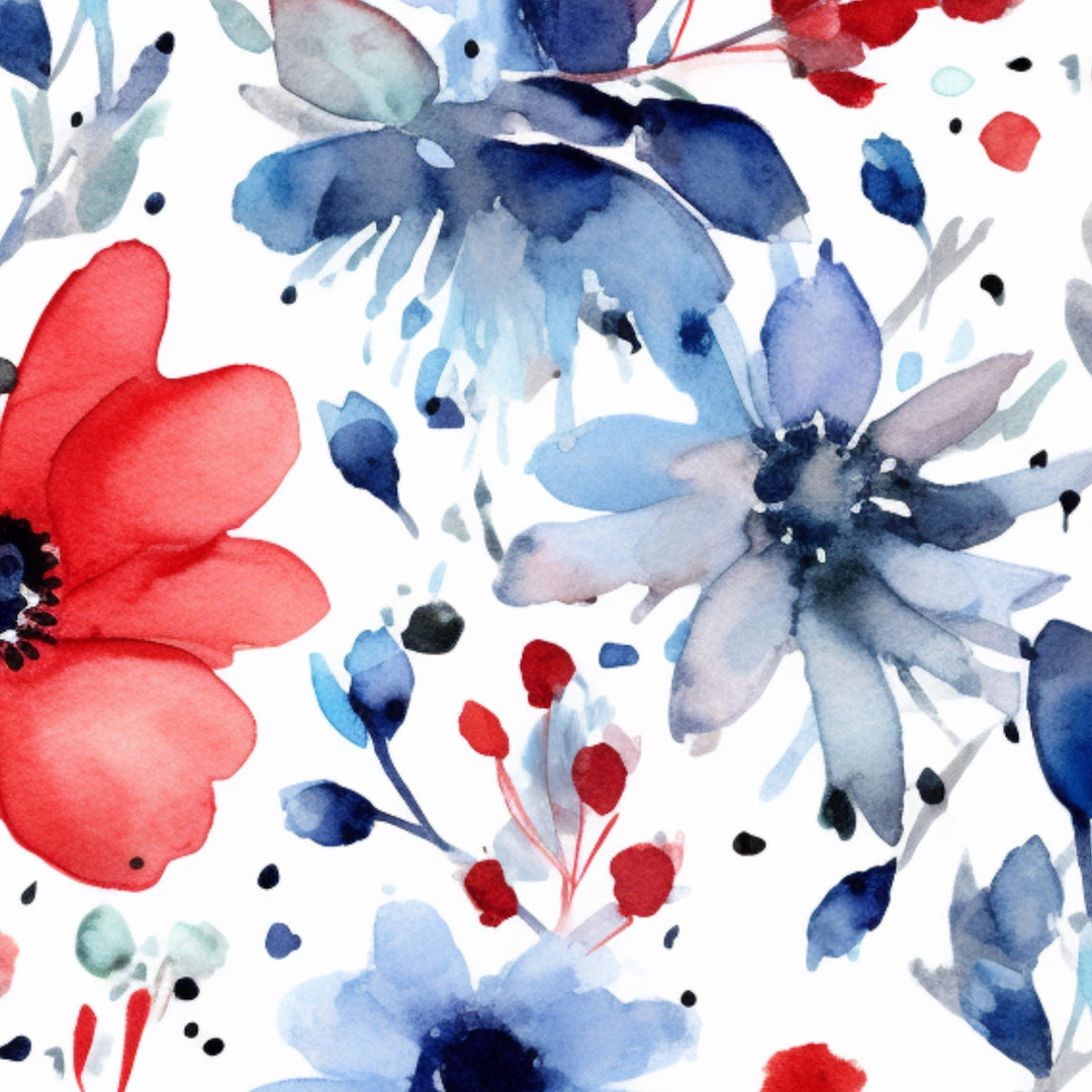 Watercolour floral design featuring red poppies and soft blue flowers with delicate stems, set against a white background.