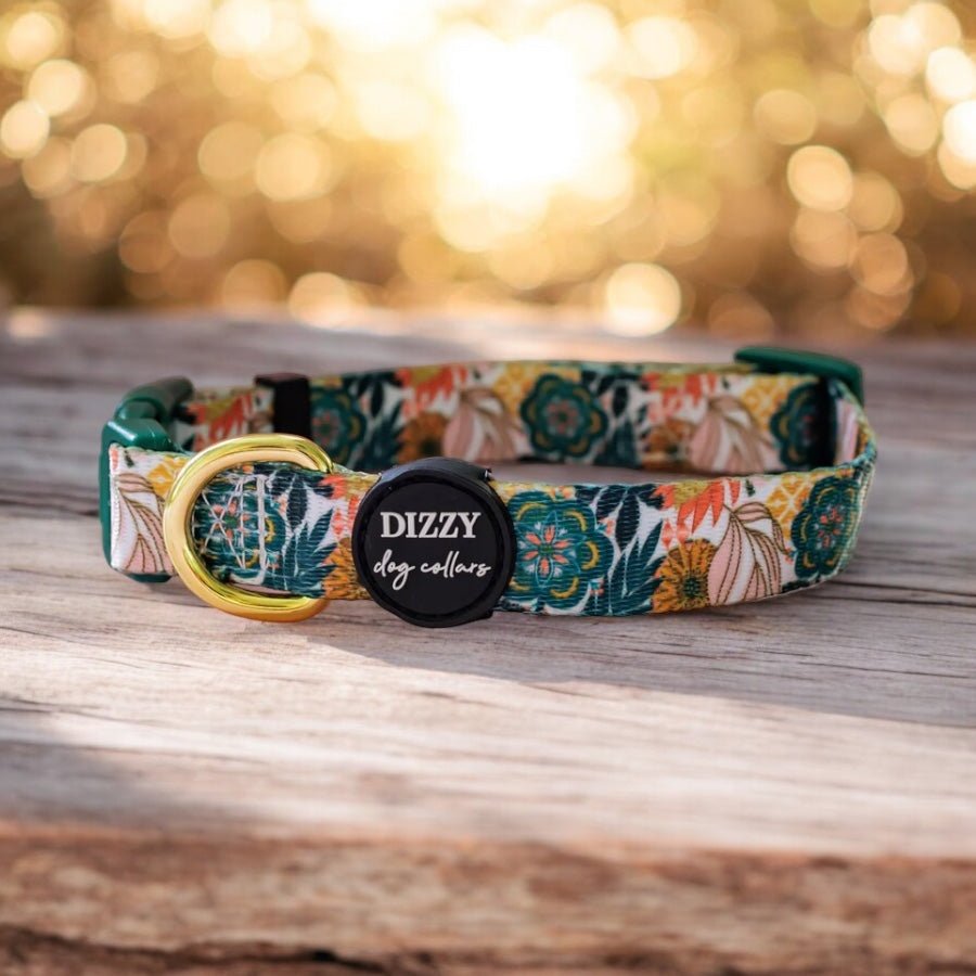 A vibrant dog collar with a floral pattern featuring green and orange flowers, and a green buckle, displayed on a wooden surface. The background shows a soft, bokeh effect with natural light filtering through trees.