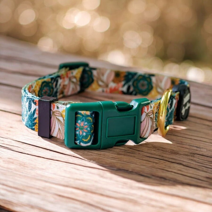 A colourful dog collar with a floral pattern featuring green and orange flowers, and a golden D-ring, displayed on a wooden surface. The background has a soft, bokeh effect with natural light filtering through trees.