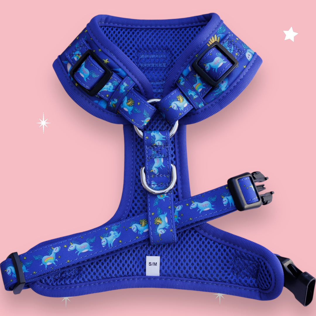 DOG HARNESS | Stardust: Navy Unicorns | Neck Adjustable Dog Harness