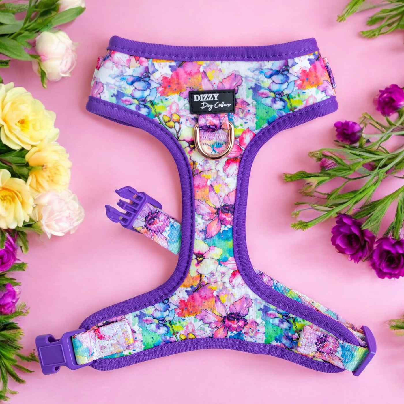 This image features a vibrant dog harness with a colourful floral watercolor pattern, including shades of purple, pink, blue, green, and yellow. The harness, branded "Dizzy Dog Collars," has purple borders and clasps. It is set against a pink background and surrounded by an assortment of flowers in matching colours, enhancing the overall aesthetic and creating a visually pleasing, coordinated look.