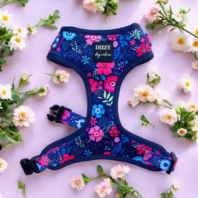 This image features a vibrant dog harness with a floral pattern. The harness, labeled "Dizzy Dog Collars," is adorned with colourful flowers in shades of pink, blue, and green against a dark background. Surrounding the harness are delicate white and pink flowers, adding to the overall aesthetic appeal.
