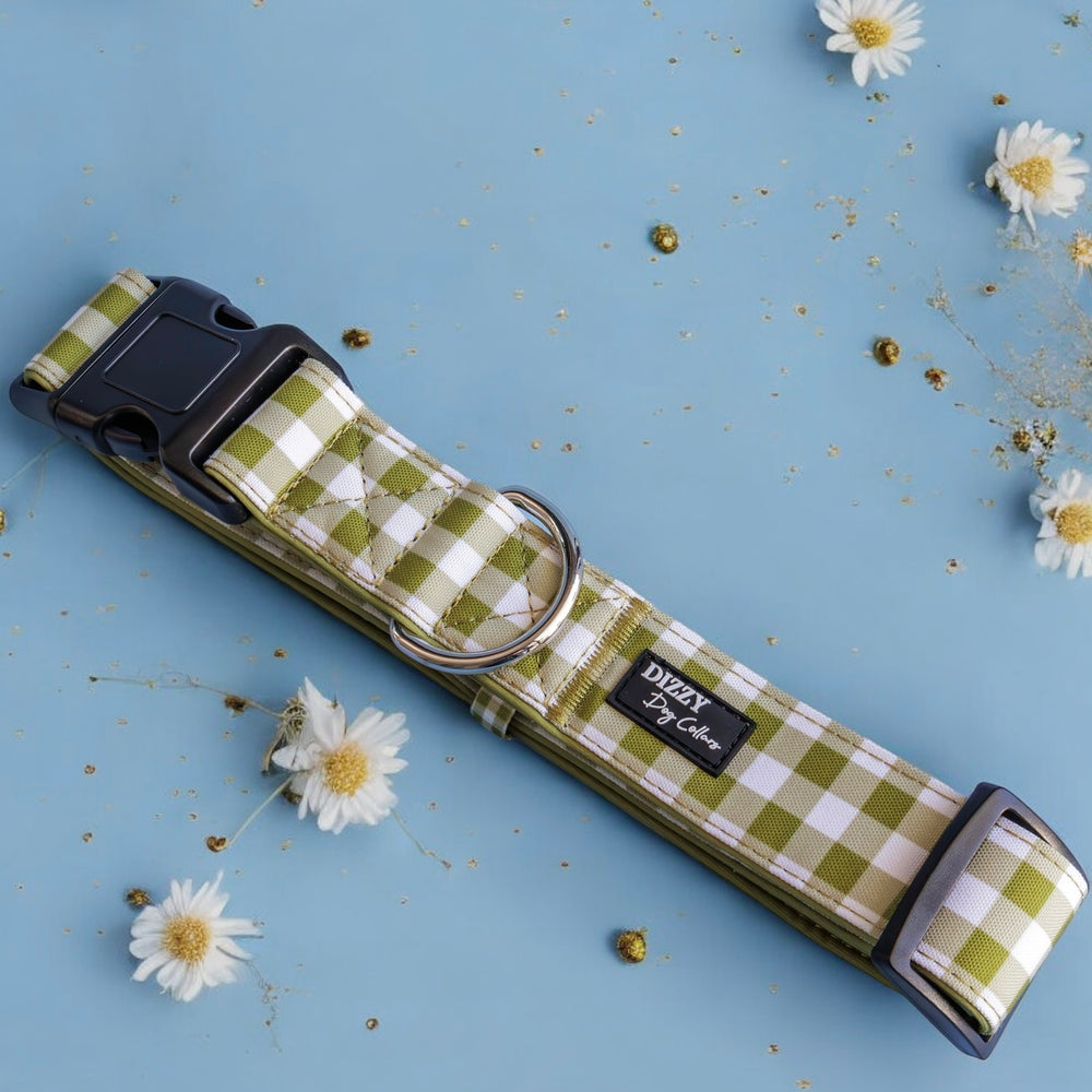  The image displays a green and white checkered dog collar on a navy blue background, adorned with white and gold flowers. The collar features a label that reads "Dizzy Dog Collars." The professional composition of the photo emphasizes the collar, while the floral decorations and gold glitter enhance its visual appeal.