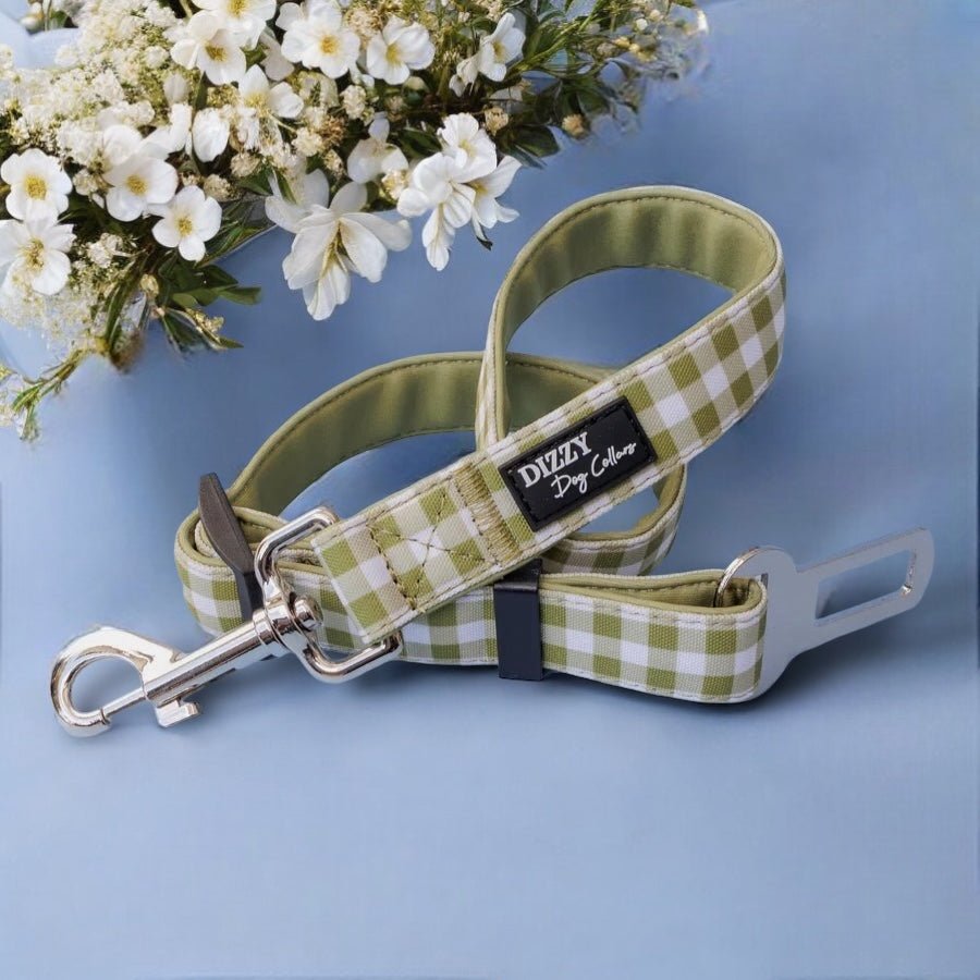 Dog Car Seatbelt | Car Restraint Tether | Olive Gingham