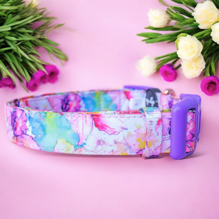 This image features a dog collar with a vibrant watercolour floral design in shades of pink, blue, green, and yellow. The collar is equipped with a purple buckle and is set against a pink background. The scene is complemented by clusters of flowers in white, purple, and yellow, adding a cheerful and colourful touch to the overall presentation.