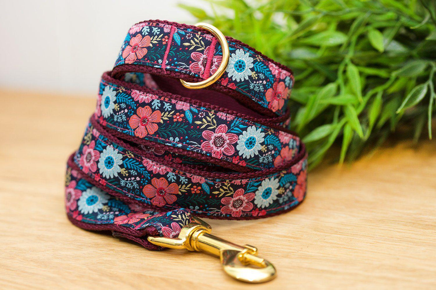 Burgundy Floral Dog Leash-Dizzy Dog Collars-Dizzy Dog Collars