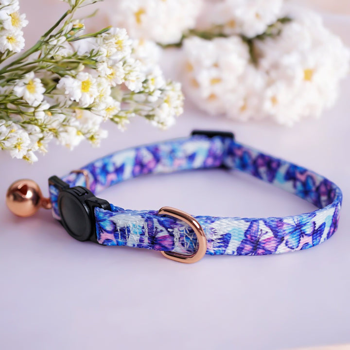 Butterfly Cat Collar  Description: A breakaway cat collar featuring the same butterfly pattern, ensuring safety and style for feline friends. It includes a small bell and a rose gold D-ring.