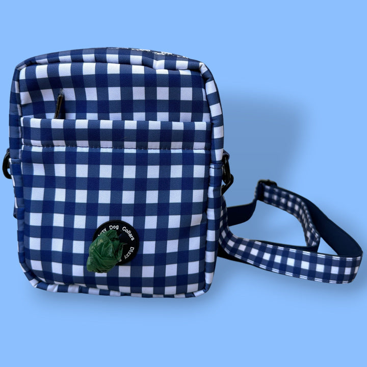 Crossbody Dog Walking Bag | Navy Gingham | With Poop Bag Access-Adventure Pouch-Dizzy Dog Collars