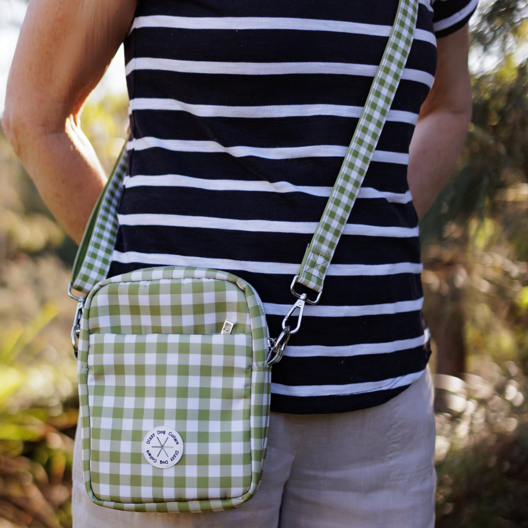 Crossbody Dog Walking Bag | Olive Gingham | With Poop Bag Access-Adventure Pouch-Dizzy Dog Collars