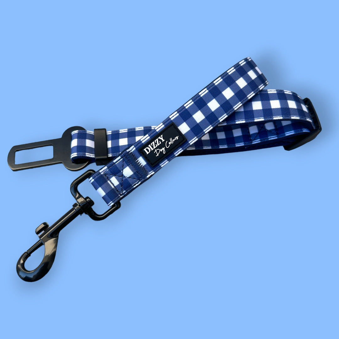 Dog Car Seatbelt | Car Restraint Tether | Navy Gingham-Car Restraint-Dizzy Dog Collars