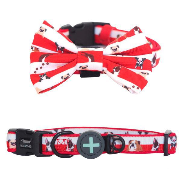 Dog wearing Red Dog Collar with Bow Tie with Pugs, French Bulldogs, Bulldogs, Boston Terrier Print all over designed in Australia. Dog Collar for Pugs.