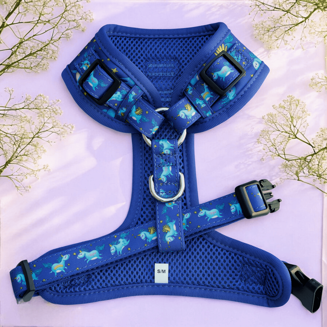 DOG HARNESS | Stardust: Navy Unicorns | Neck Adjustable Dog Harness