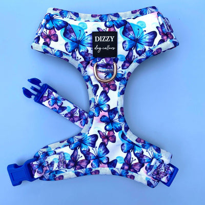 A vibrant dog harness decorated with a butterfly pattern in shades of blue and purple is displayed against a light pink background. The harness features a sturdy D-ring and adjustable blue plastic buckles. The label reads "DIZZY dog collars." The image is adorned with sprigs of flowers in green, yellow, and purple hues on the sides, adding a natural touch to the presentation