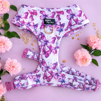 This image displays a beautifully designed dog harness featuring a vivid pink and purple butterfly print on a white background. The harness is laid out on a pale pink surface, surrounded by complementary pink flowers and green leaves, enhancing its aesthetic appeal. A Dizzy Dog Collars brand label is prominently placed in the center. The harness design is both charming and functional, perfect for stylish pets.