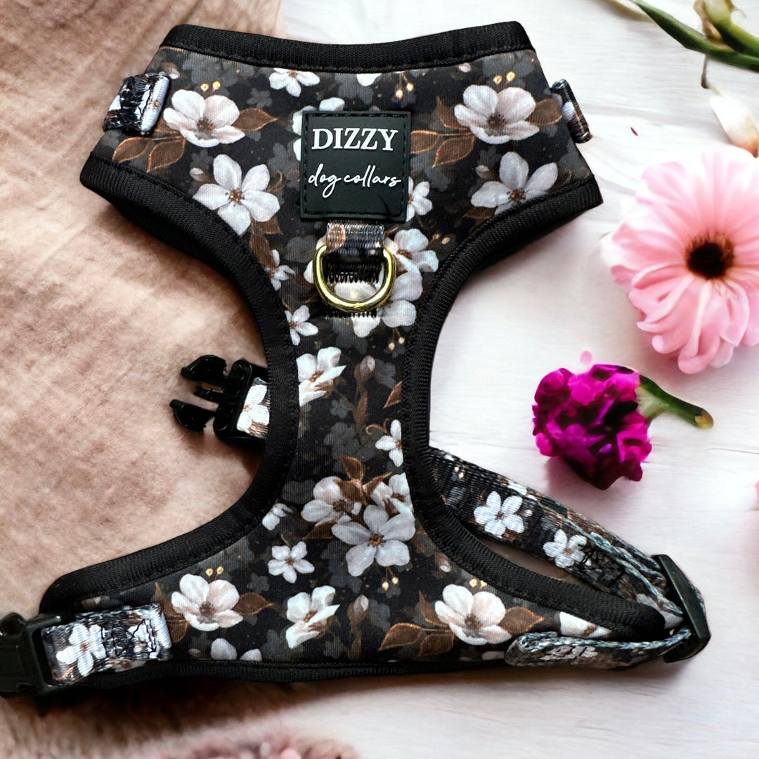 DOG HARNESS | Midnight Cherry Blossoms | Neck Adjustable Dog Harness-Fabric Harness-Dizzy Dog Collars