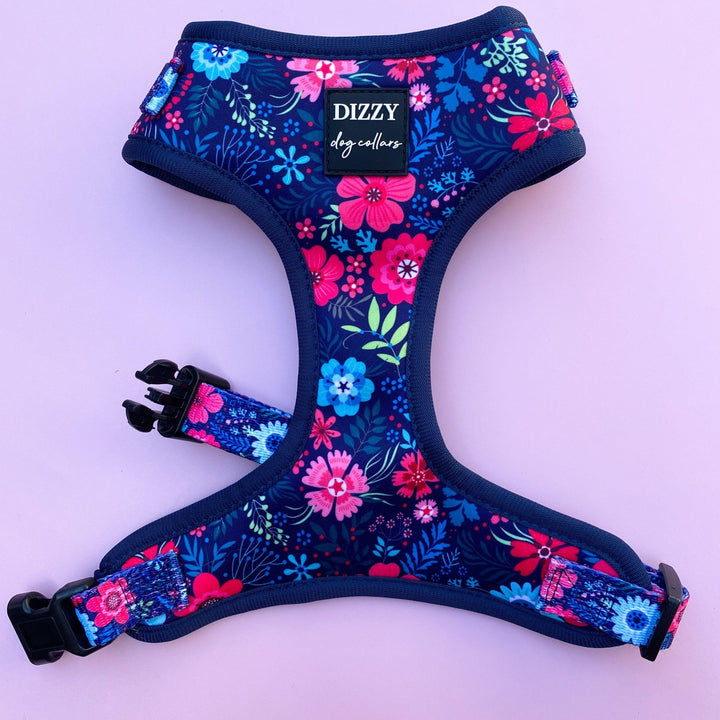 DOG HARNESS - Navy Floral - Neck Adjustable Harness-Harness-Dizzy Dog Collars