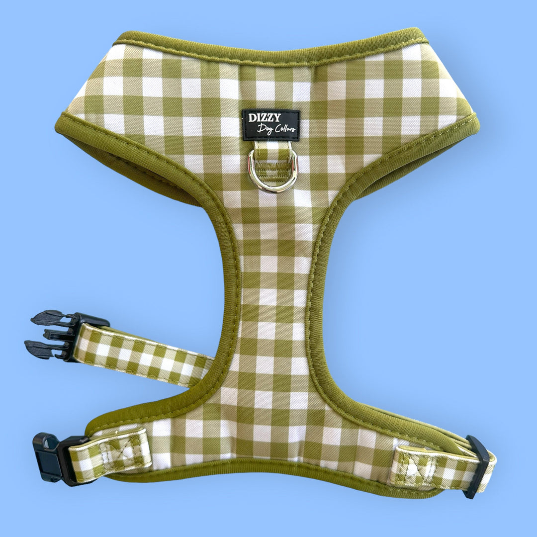 DOG HARNESS | Olive Gingham | Neck Adjustable Dog Harness-Fabric Harness-Dizzy Dog Collars