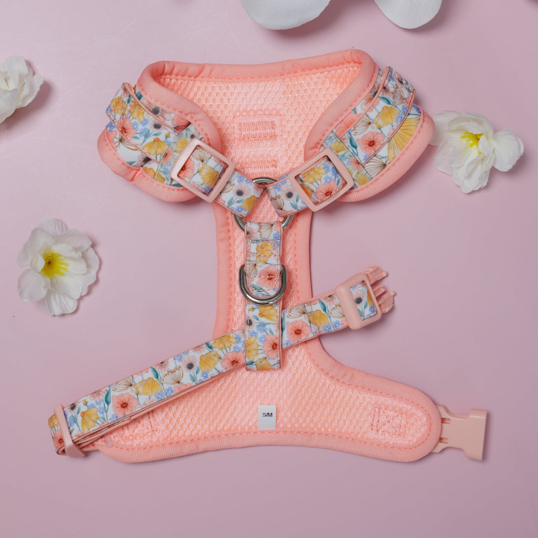 DOG HARNESS | Peachy Posies | Neck Adjustable Dog Harness-Fabric Harness-Dizzy Dog Collars