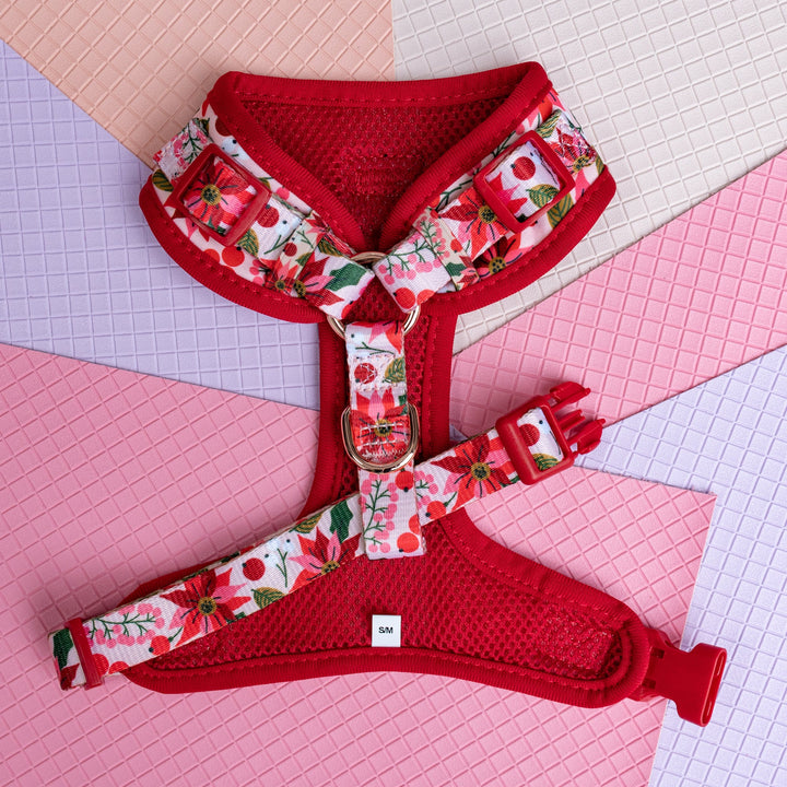 DOG HARNESS | Poinsettia | Christmas Neck Adjustable Dog Harness-Harness-Dizzy Dog Collars