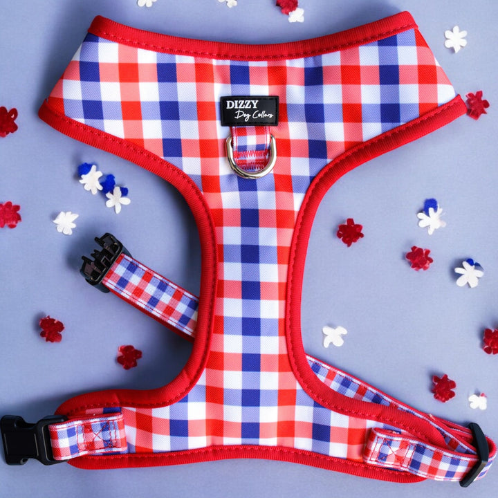 Red, white, and blue gingham-patterned dog harness with a bold red trim, featuring a sturdy metal D-ring and adjustable straps. Displayed on a soft blue background with red, white, and blue decorative floral elements scattered around