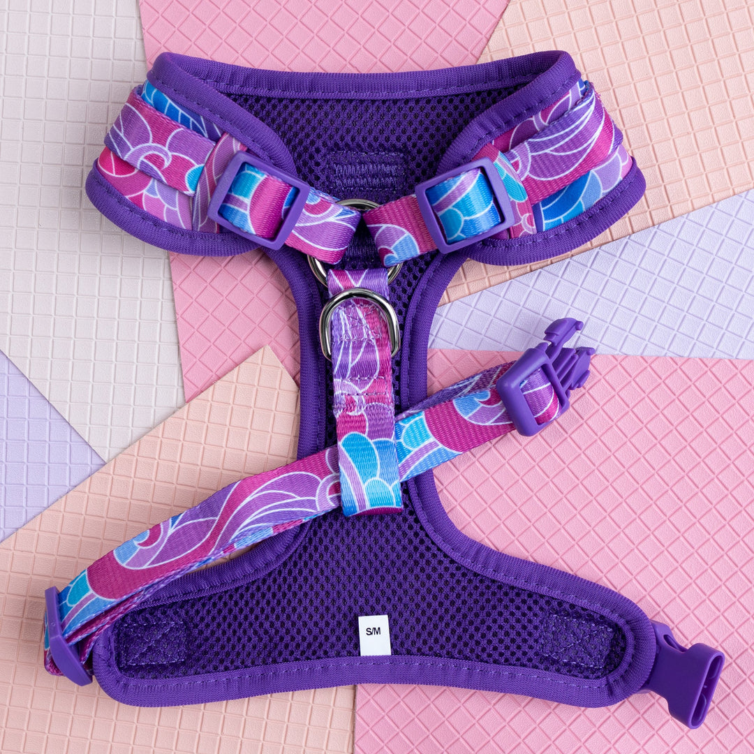 DOG HARNESS | The Maggie | Purple Waves Neck Adjustable Dog Harness-Harness-Dizzy Dog Collars