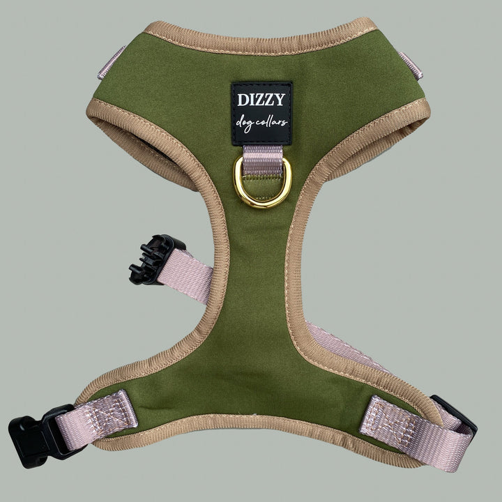 DOG HARNESS | The Soho | Neck Adjustable Dog Harness | Olive & Tan Dog Harness-Harness-Dizzy Dog Collars