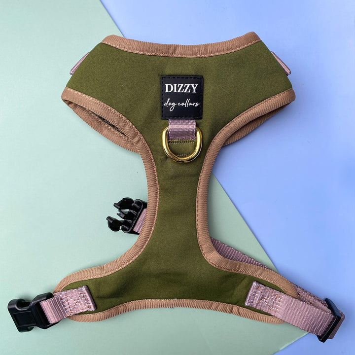 DOG HARNESS | The Soho | Neck Adjustable Dog Harness | Olive & Tan Dog Harness-Harness-Dizzy Dog Collars