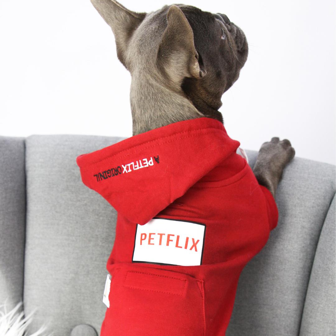 Dog Wearing Red Netflix Original Dog Hoodie