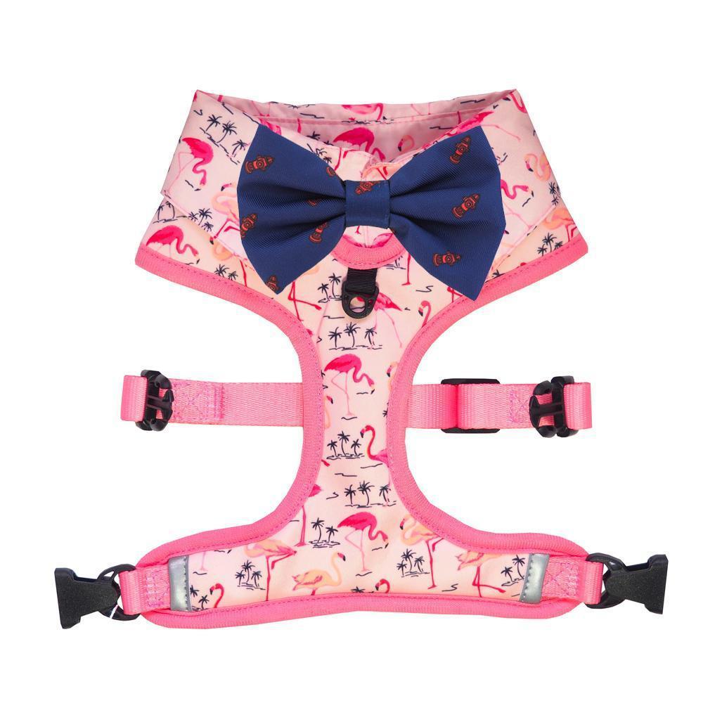 Pink Party shirt Dog Harness with flamingo print and bow tie. Dog party shirt outfit. Summer dog harness designed in Australia.