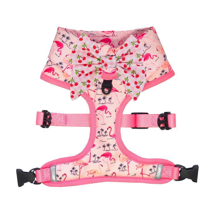 Pink Party shirt Dog Harness with flamingo print and bow tie. Dog party shirt outfit. Summer dog harness designed in Australia.