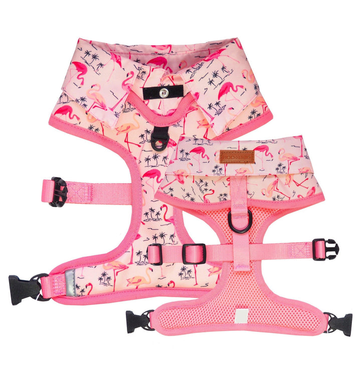 Pink Party shirt Dog Harness with flamingo print and bow tie. Dog party shirt outfit. Summer dog harness designed in Australia.