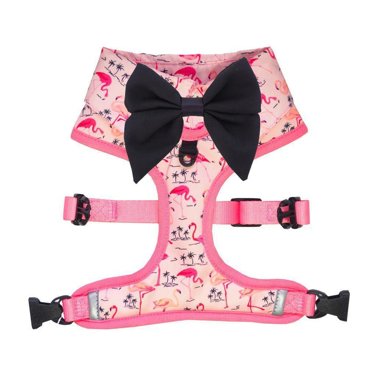 Pink Party shirt Dog Harness with flamingo print and bow tie. Dog party shirt outfit. Summer dog harness designed in Australia.