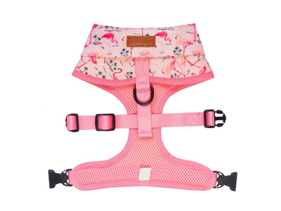 Pink Party shirt Dog Harness with flamingo print and bow tie. Dog party shirt outfit. Summer dog harness designed in Australia.