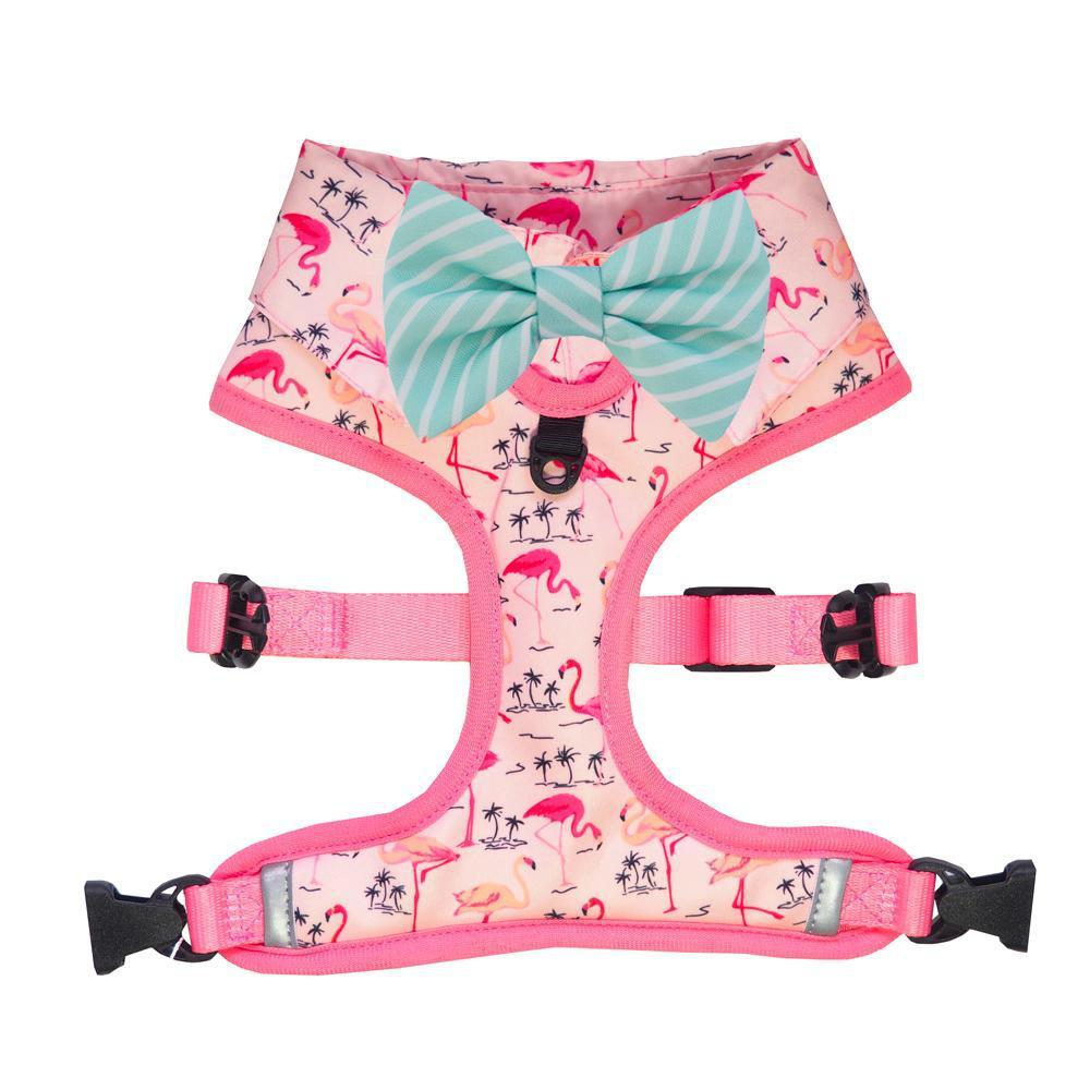 Pink Party shirt Dog Harness with flamingo print and bow tie. Dog party shirt outfit. Summer dog harness designed in Australia.