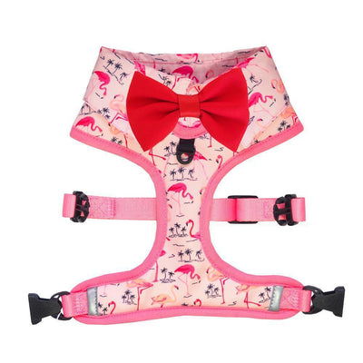 Pink Party shirt Dog Harness with flamingo print and bow tie. Dog party shirt outfit. Summer dog harness designed in Australia.