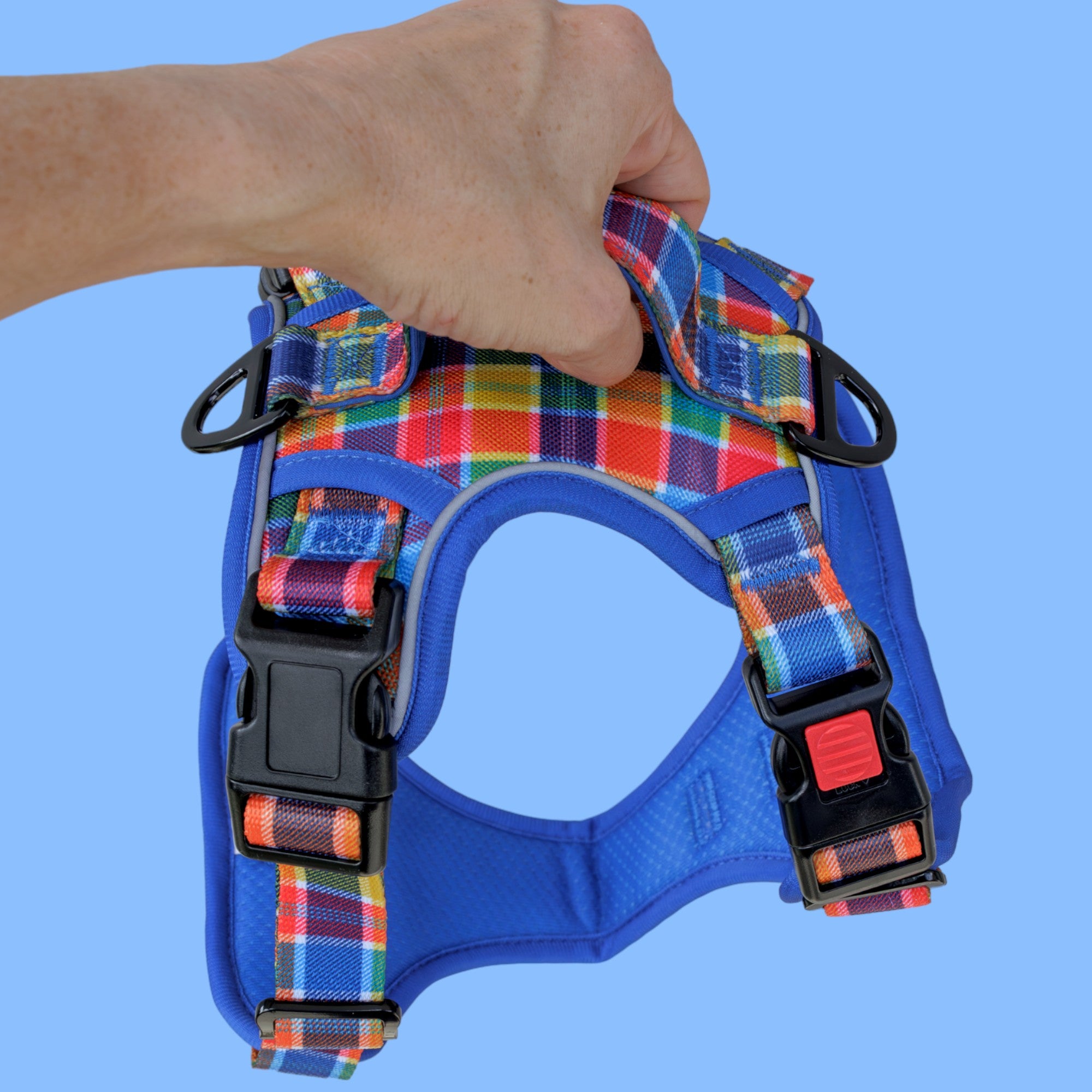 Country Plaid dog harness featuring a bold multicolour plaid pattern, with a blue background and a strong handle for added control