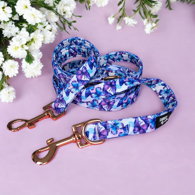 This versatile double-ended training lead features a stunning butterfly pattern in blue and purple hues. Designed for hands-free use, it can be worn crossbody, offering convenience and control during walks or training sessions. The lead includes rose gold hardware and two sturdy clasps for attaching to different points, providing multiple configuration options for training and everyday use. Perfect for pet owners seeking both style and functionality.