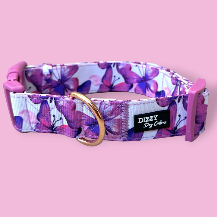 Extra Wide /// Candy Sky Butterfly Dog Collar | Canvas & Neoprene Dog Collar | Pink Butterflies-Dog Collar-Dizzy Dog Collars