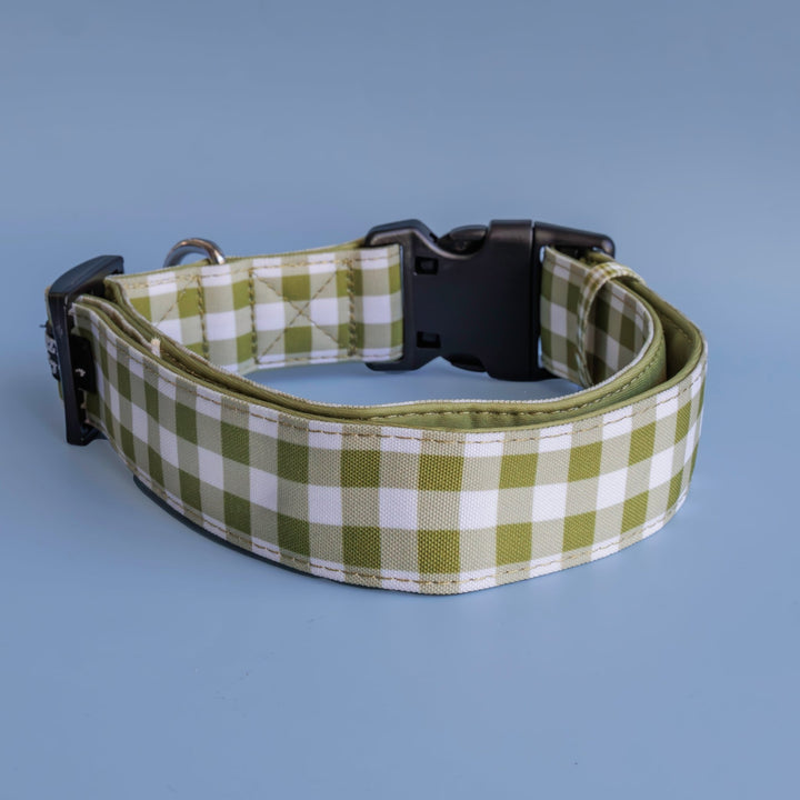 Extra Wide /// Olive Gingham Dog Collar | Canvas & Neoprene Dog Collar-Dog Collar-Dizzy Dog Collars