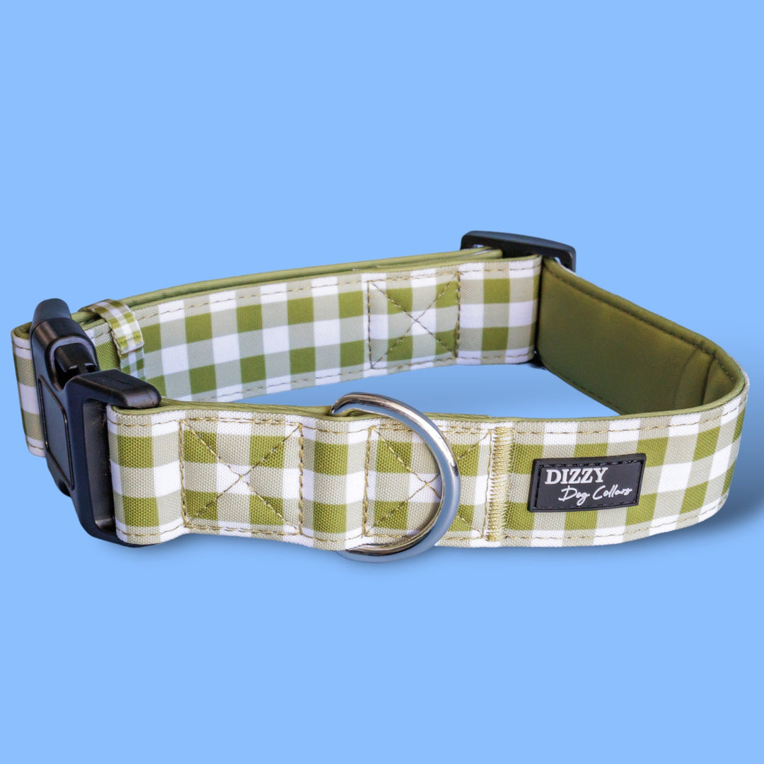 Extra Wide /// Olive Gingham Dog Collar | Canvas & Neoprene Dog Collar-Dog Collar-Dizzy Dog Collars