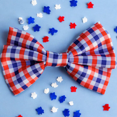 A large red, white, and blue gingham-patterned bow tie displayed on a light blue background, surrounded by red, white, and blue star-shaped confetti.