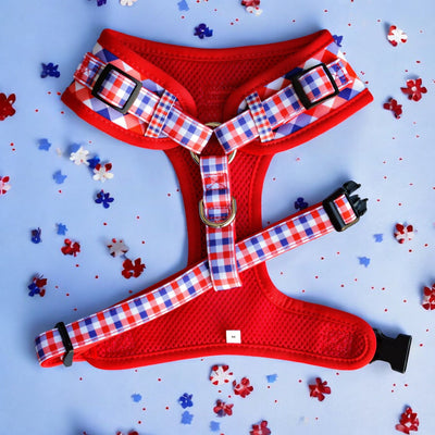 Red, white, and blue gingham-patterned no-pull dog harness with a red mesh interior and adjustable straps. Features a silver D-ring and black plastic buckles, presented on a light blue background with scattered red, white, and blue floral decorations