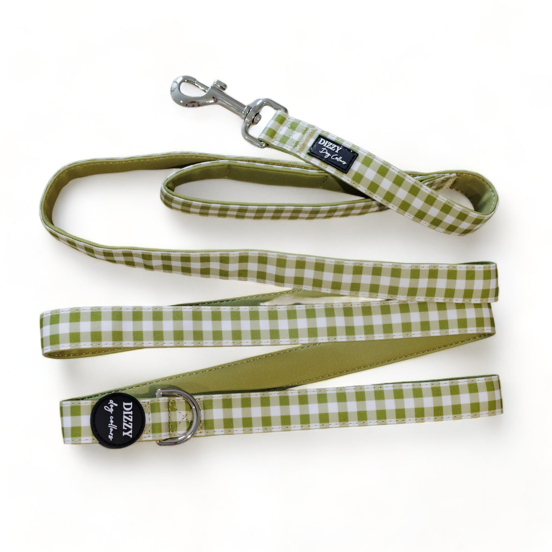 Olive Gingham LONG LEAD | Canvas & Neoprene | Premium Quality Fully Padded Leash-Leash-Dizzy Dog Collars