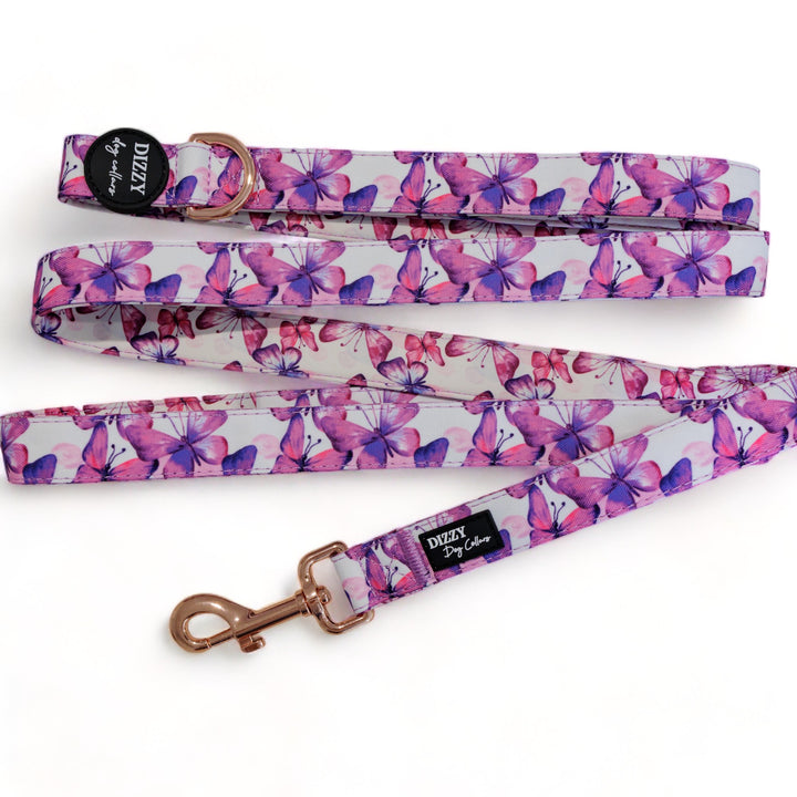 Candy Sky Butterfly - Pink Butterflies LONG LEAD | Canvas & Neoprene | Premium Quality Fully Padded Leash-Leash-Dizzy Dog Collars