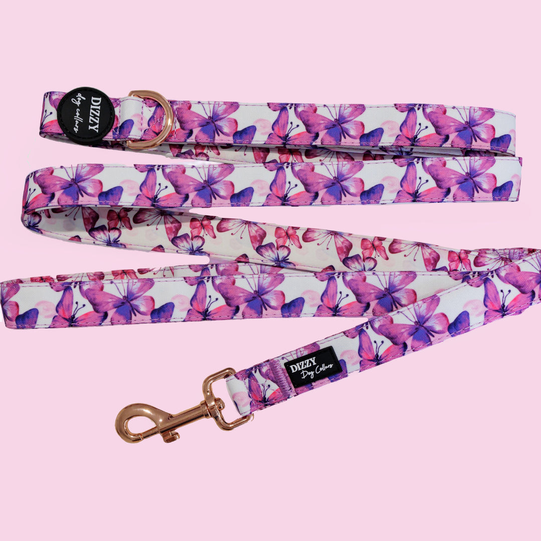 Candy Sky Butterfly - Pink Butterflies LONG LEAD | Canvas & Neoprene | Premium Quality Fully Padded Leash-Leash-Dizzy Dog Collars