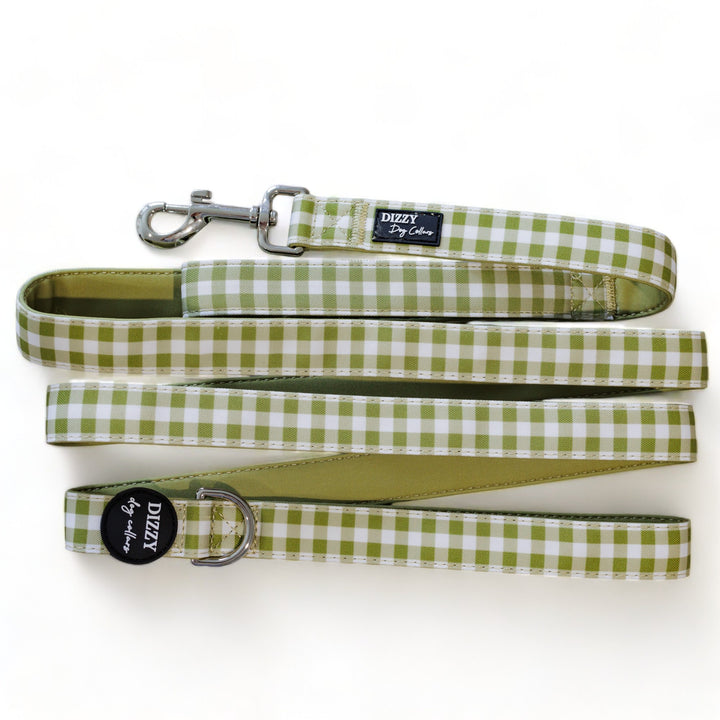 Olive Gingham LONG LEAD | Canvas & Neoprene | Premium Quality Fully Padded Leash-Leash-Dizzy Dog Collars